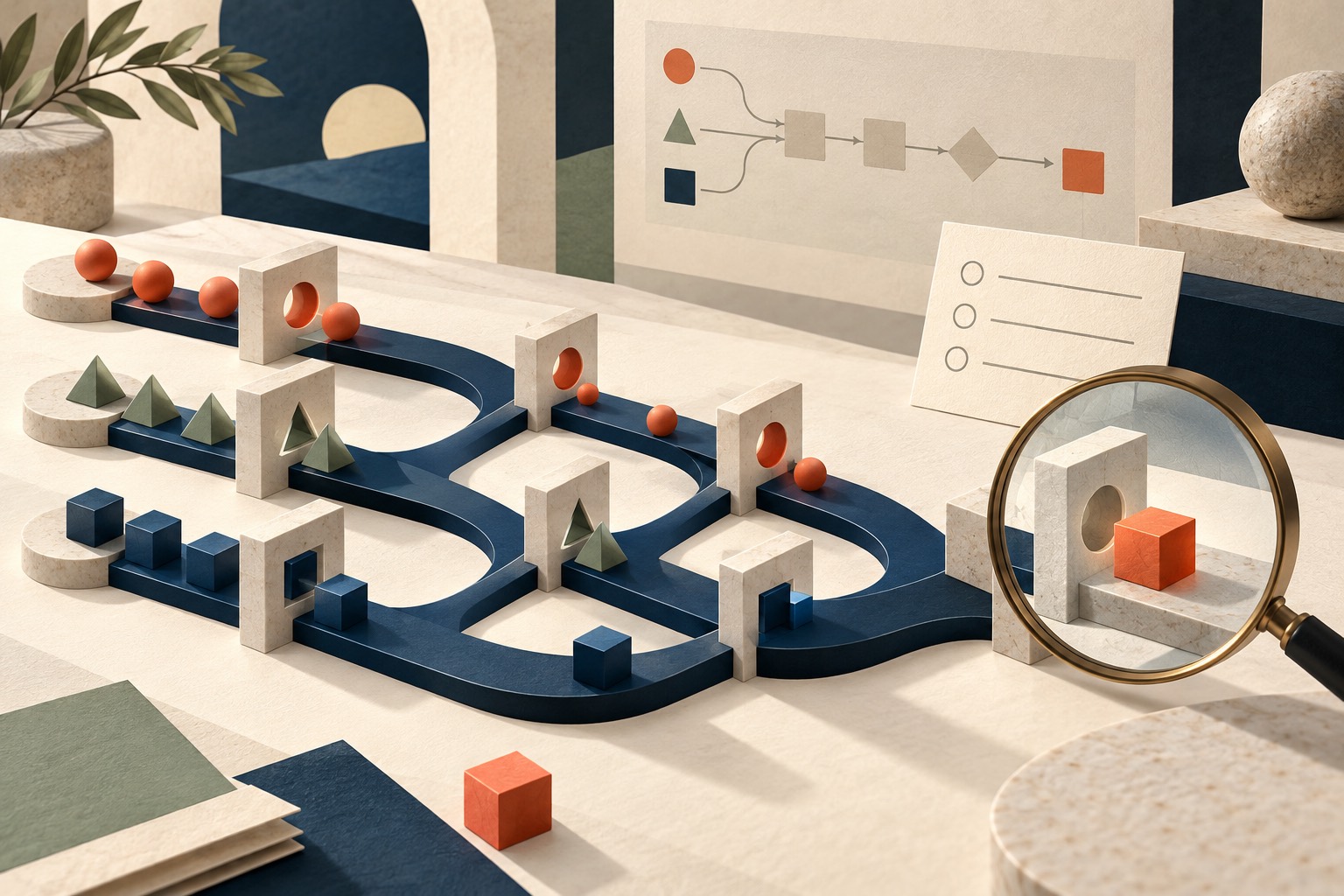 Peças geométricas percorrem etapas de verificação, com uma lupa ao final do caminho.