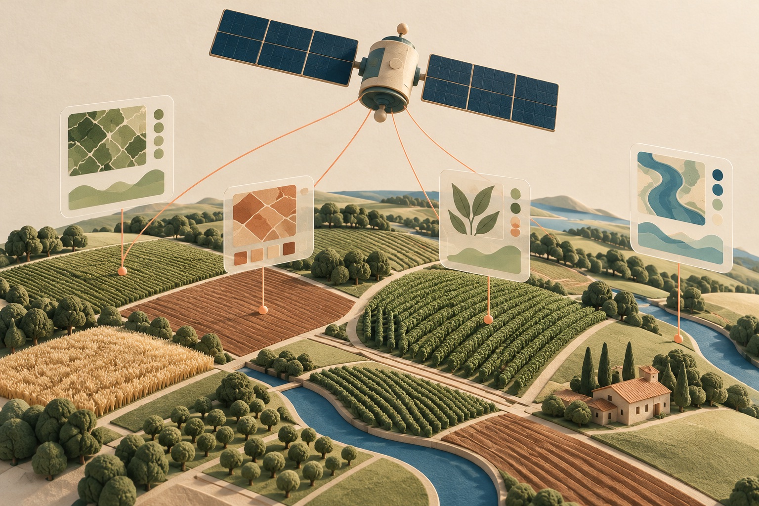 Satélite conceitual sobre campos agrícolas com painéis abstratos de dados.