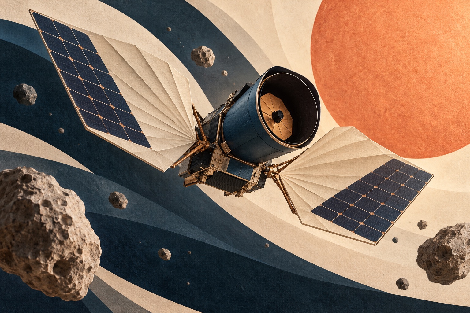 Telescópio espacial conceitual com painéis solares entre formas de papel e asteroides.
