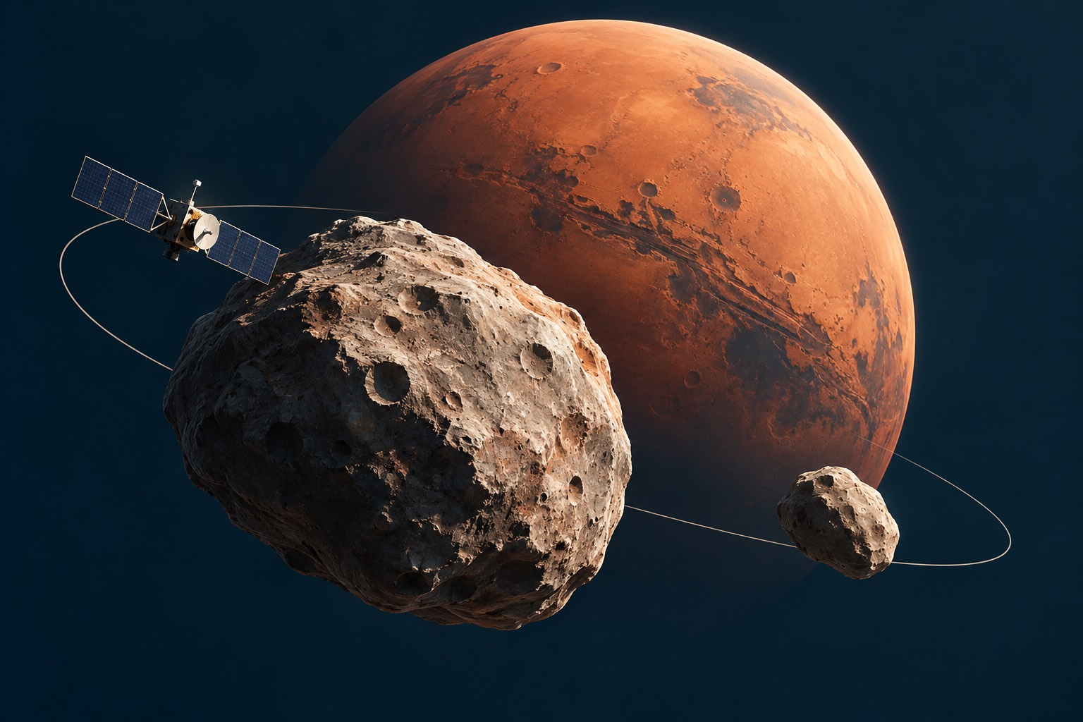 Marte, duas luas rochosas e uma sonda genérica em uma composição espacial ilustrada.