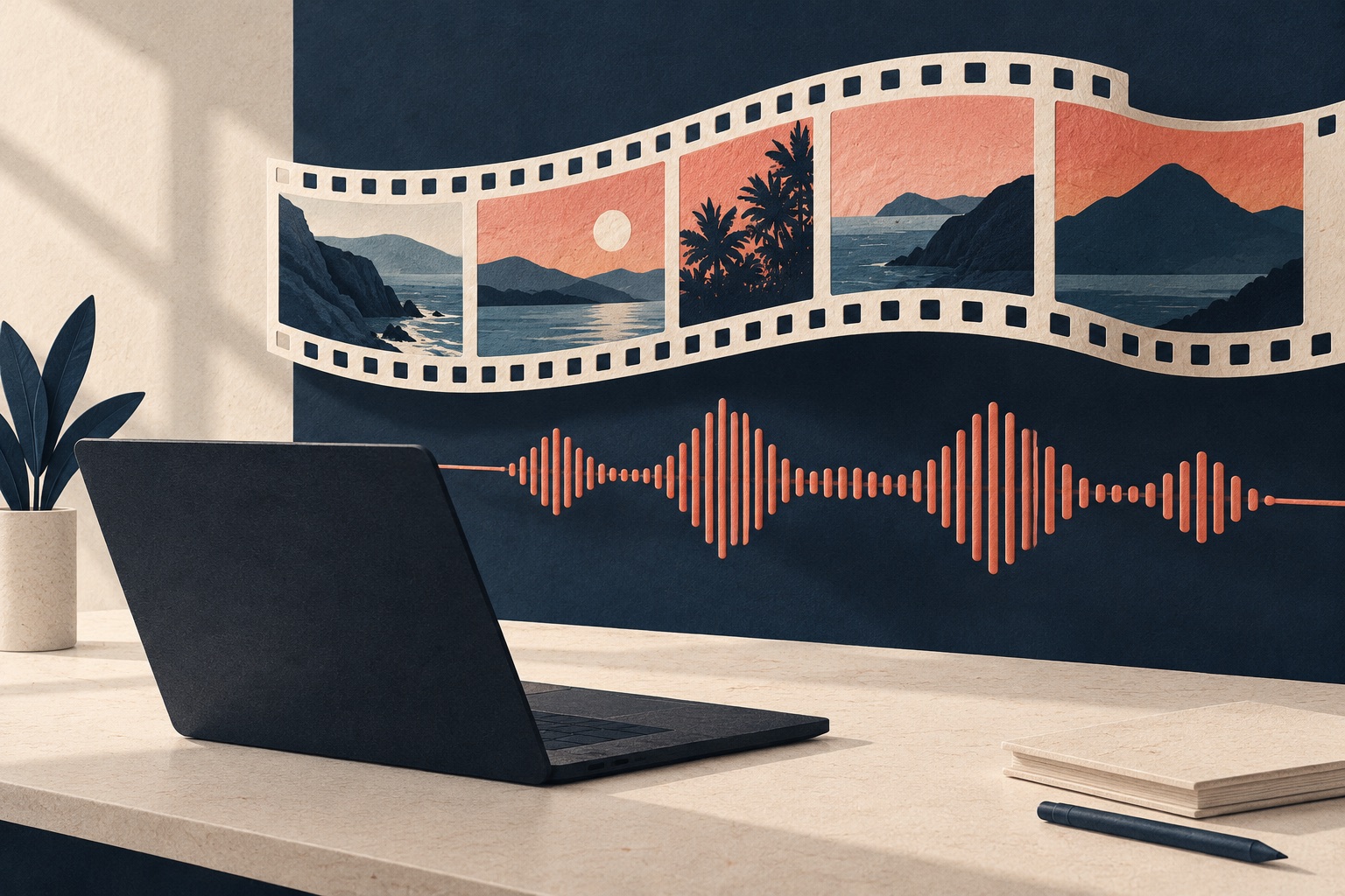 Ilustração de uma faixa de filme e uma onda de áudio separadas sobre um computador.